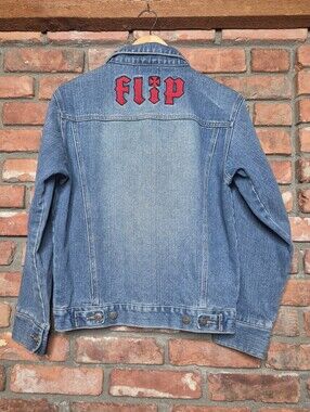 Flip Skateboards Vintage Y2K Embroidered Denim Jean Jacket Skate Streetwear